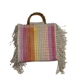 Scoop‎ Boho Macrame Tote Bag Bamboo Handles Fringe Multicolor SWAL-56